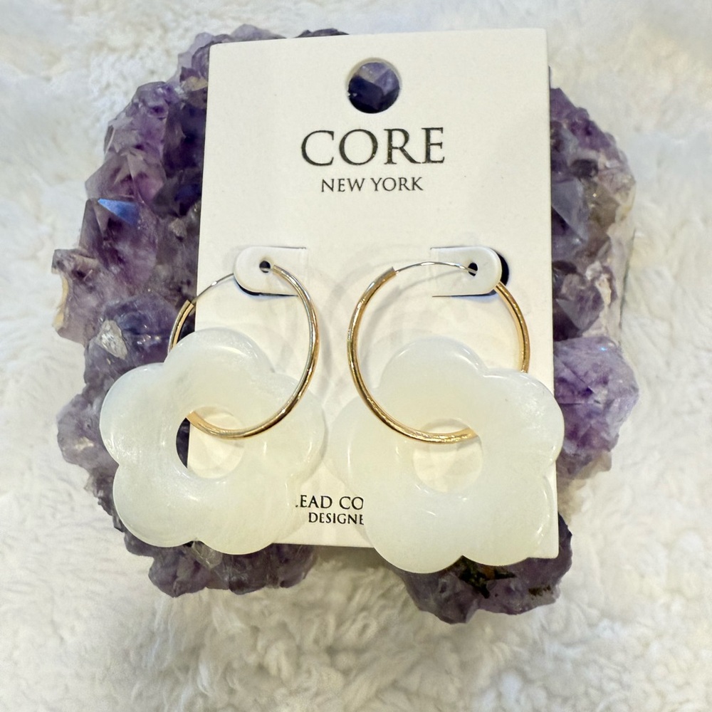 Gold Tone and White Floral Earrings